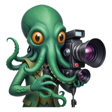 Cthulhu as a cameraman, tentacle-faced cosmic horror entity operating a movie camera sticker