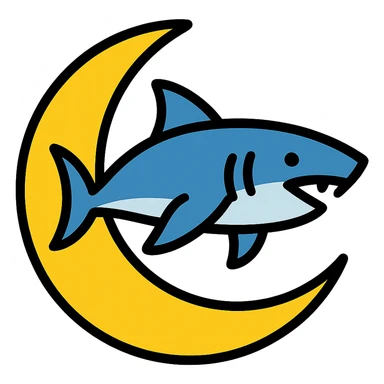 Make the shark swimming across the moon, keep the color outline icon style sticker