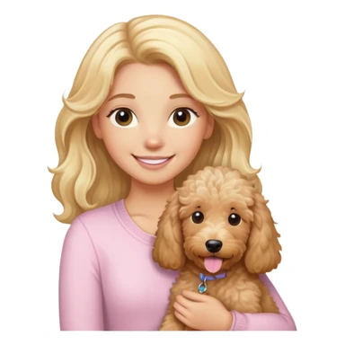 blonde girl with long hair wearing light pink smiling holding tan goldendoodle sticker