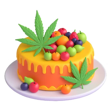 colorful frosted fruit cake with cannabis leaf on a plate sticker