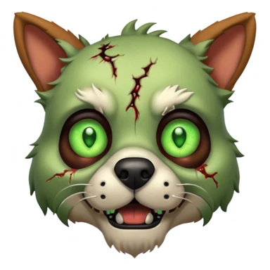 zombie dog portrait, head and shoulders only, torn fur, glowing green eyes, stitched face details, spooky but cute, 3D cartoon, mobile game icon style, clean background, no text, no watermark
 sticker
