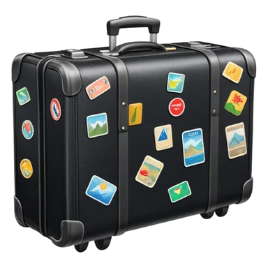 A rolling suitcase with travel stickers and extended handle sticker