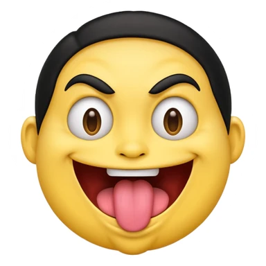 Freaky yellow face emoji smiling really big with huge tongue out and eyes wide open. Tongue should is wagging back and forth. Give him a full head of black hair sticker
