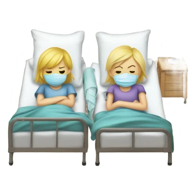 Two blonde children, sick, each in their own bed, wearing surgical masks, one Boy, one girl, at home, get well soon sign with yellow heart sticker