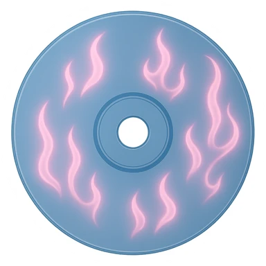 A minimalist CD disc with subtle pink flames, glowing effect, variation 2, color: blue sticker