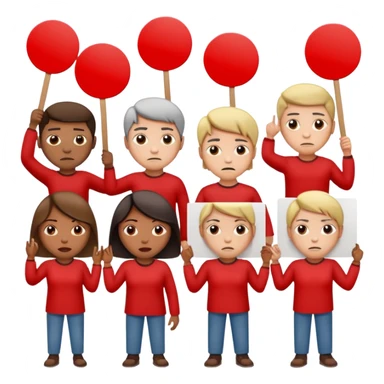 a crowd of people with unhappy faces and holding placards on which everything is crossed out in red sticker