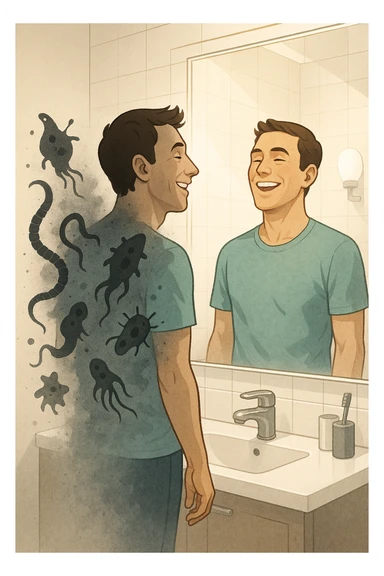 a man stands in a brightly lit bathroom, looking relieved and revitalized as he examines his reflection in the mirror. In the foreground, stylized, shadowy images of parasites (such as worms or protozoa) are shown leaving his body, dissolving into mist or fading away. His posture is upright and his expression is one of newfound energy and health. sticker
