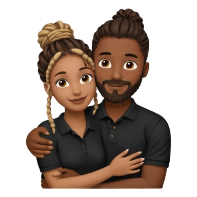 Couple emoji: smiling woman with brown skin, nose ring, makeup, hugging man with dark skin, beard, dreadlocks in a bun, wearing black polo. Warm, loving vibe. sticker