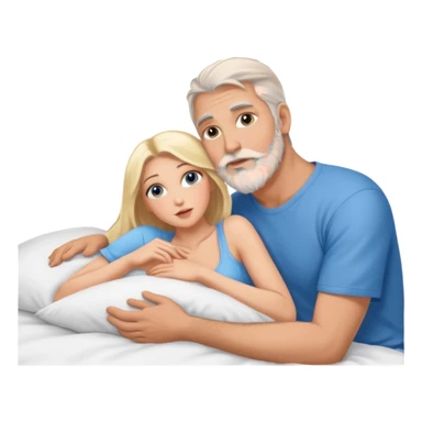 Cuddling Man with hazel eyes and gray beard kissing sexy  blonde blue-eyed  woman in bed sticker