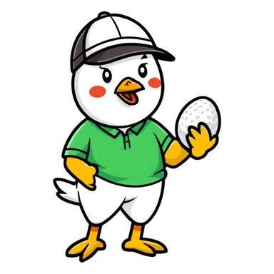 A Man wearing a golf hat holding a chicken sticker