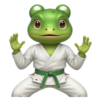 cute frog doing karate portrait, head and shoulders only, wearing white gi uniform, green belt visible, funny serious face, 3D cartoon, mobile game icon style, clean background, no text, no watermark
 sticker