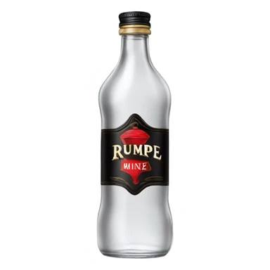 Tall clear alcohol bottle of rumple minze alcohol with black and red label sticker