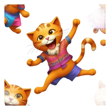 On a sunny afternoon, a cheerful cat dressed in vibrant, colorful clothing strolled through a bustling marketplace. The bright hues of its outfit caught the attention of passersby, making everyone smile. In its paws, the cat carefully carried a shiny orange, a perfect, ripe citrus fruit that seemed to glow in the sunlight. As it walked, the cat playfully danced to the rhythm of the lively music playing nearby, occasionally stopping to greet friendly faces and share a laugh. Write a story about this delightful cat's adventure in the marketplace, the reactions of the people it encounters, and the significance of the orange it carries. What surprises await the cat on this joyful day? sticker