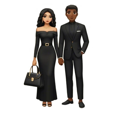 the man dressed in all black, and the woman in an elegant off-shoulder cream-colored outfit with a matching handbag. The background features a textured stone wall, an iron window, and lush greenery, adding a timeless, vintage charm to the scene. Arabic couple  sticker