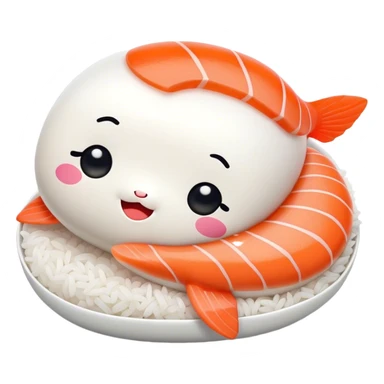Cute Kawaii Nigiri Sushi, plump and happy, a soft white rice pillow topped with bright orange salmon, tiny blushing cheeks, big round eyes, a joyful floating expression! sticker