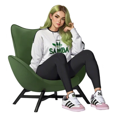 Girl long bright blonde highlighted hair middle part with rosy cheeks and plump mauve lips green eyes and wearing a white sweatshirt and black leggings with black and white adidas OG Samba sneakers sitting in a cozy chair posing with legs over the side of chair  sticker