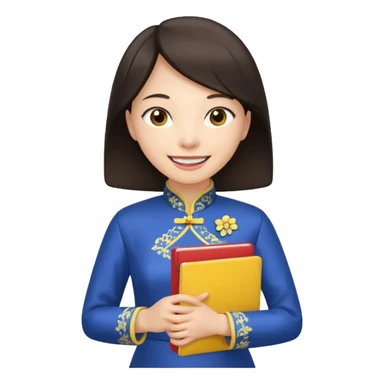 Teacher emoji but : european volume dark brown hair, light skin, no glasses, dark eyes, with a computer folder in the hand (color is yellow), being a teacher, wearing a chinese qipao ( dark blue), smile with teeth





 sticker