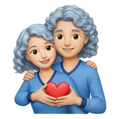 Silver hair, wavy/curly hair chin-length lady giving hug with 2 arms,  v-neck and smiling, add a heart, blue shirt sticker