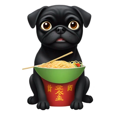 Black pug eating Chinese food sticker