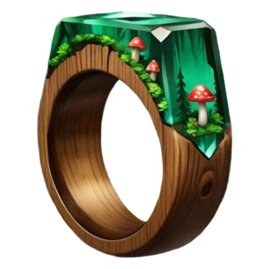 dark wood ring with epoxy resin in forest green pines and mushrooms crystal sticker