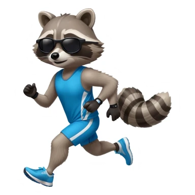 friendly anthropomorphised raccoon in sports wear, wearing dark sunglasses, jogging upright in relaxed pose sticker