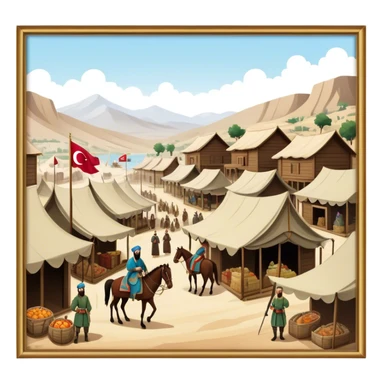 Early Ottoman settlement being built. Wooden houses, tents, and a small market. People in traditional Ottoman clothes, soldiers on horseback, and a flag waving sticker