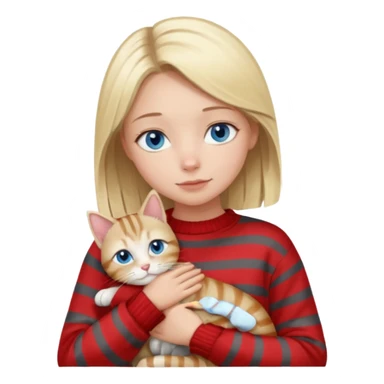 Blonde girl with blue eyes in red sweater cuddling with light grey tabby cat with dark grey stripes sticker