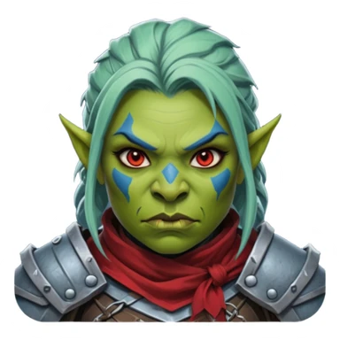 Fantasy Christmas orc legion soldier icon, iron tundra army theme, heavy winter armor, disciplined brutal look, dark icy steel armor with bold crimson cloth and markings, cold blue shadows, high contrast, clean emoji portrait style, female variant sticker