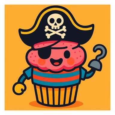 a cupcake dressed as a pirate with a hook and striped shirt, vibrant colors sticker
