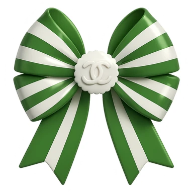 Change the striped bow to green and white stripes, keep the small white Chanel logo visible, make it shiny, elegant, and in a 3D emoji style. Remove the background. sticker