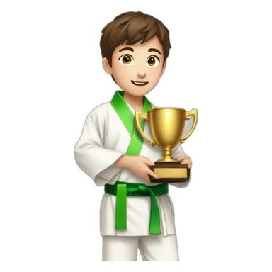 a 12-year-old boy with brown hair in a white kimono with a green belt holds a prize gold cup with two hands sticker