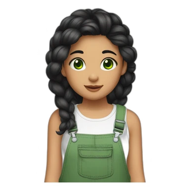 A girl with green eyes and black hair with a braid and wearing a tank top with overalls and flip flops and beside her a pet sticker