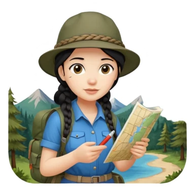 A braid black hair backpacking woman checking her map with curious eyes while walking with camping hat full body sticker