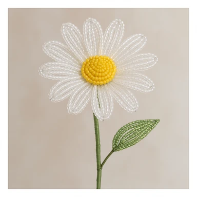 french beaded white daisy, delicate glass seed beads, wirework, bright yellow center, realistic flower shape, intricate beadwork, soft white petals, yellow beaded center, green stem, elegant and cheerful, translucent white beads, fine wire, fresh and natural look, shimmering glass beads, handcrafted floral art, yellow center sticker