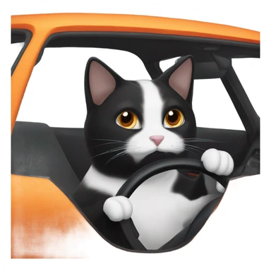 Black and white cat driving an orange car ￼ sticker