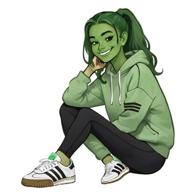 blonde smiling girl in white portrait green eyes wearing a sweatshirt and black colored leggings and adidas og samba sneakers sticker