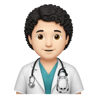 a young chubby male doctor with black long curly hair and cheerful face without gpasses sticker