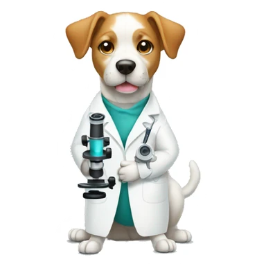 dog with a lab coat and a microscope sticker