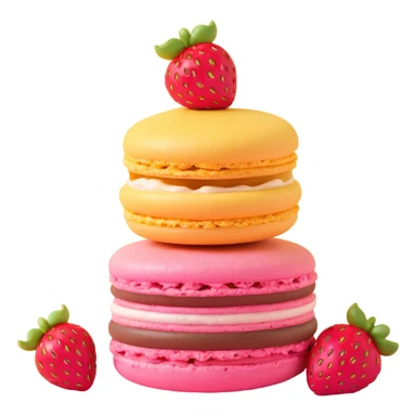 A pink macaron with a strawberry on top, two animals peeking out, light peach background with yellow stars, detailed texture sticker