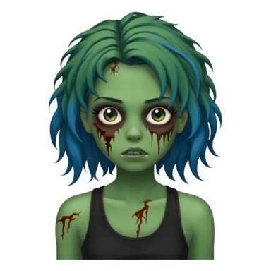 Crie um emoji de uma garota zumbi com a pele verde, como deste emoji "🧟‍♀️". Põem com uma regata de cor preta, os cabelos castanhos na altura do ombro e picotado, liso na raiz e cacheado nas pontas e com mechas azuis sticker