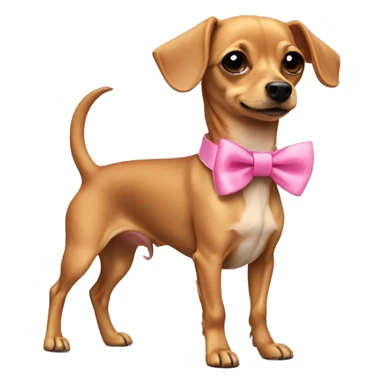 Short haired Chiweenie with a pink collar that has a bow  sticker