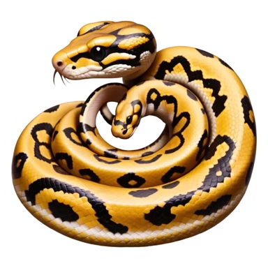 A photo-realistic top-down view of a Ball Python gently coiled into a tight spiral, with its head resting peacefully at the center. Its scales are warm brown with bold, irregular black markings, including the distinctive “alien-head” pattern, flowing smoothly along its body.  sticker