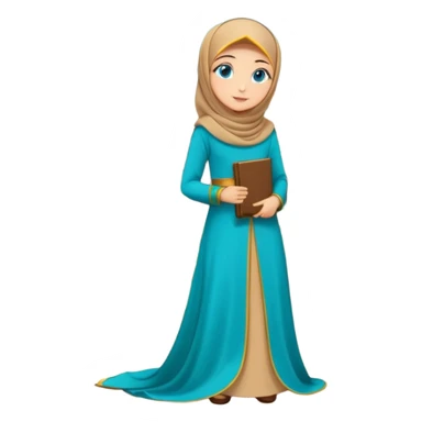 Turkish beautiful finish Konya girl blue eyes with gold hijab and islamic long tailed turquoise dress on the ground at her home garden and had on her hand text Eid Mubarak  sticker