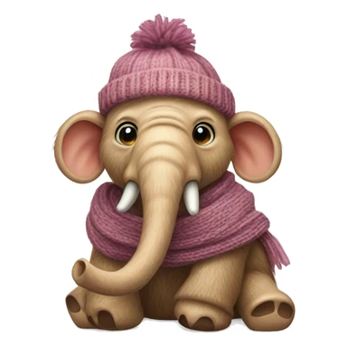 a baby mammoth in a small knitted hat and a narrow knitted scarf sticker