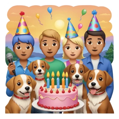 celebration birthday with a dog and watching sunset with many peoples with a birthday cake and mike a wish man peoples at home sticker