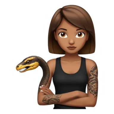Femme brune yeux marron avec une coupe carré noir qui descend sur l'épaule , femme couleur de peau typé, avec un cobra a côté , débardeur noir , avec un tatouage sur le bras droit sticker