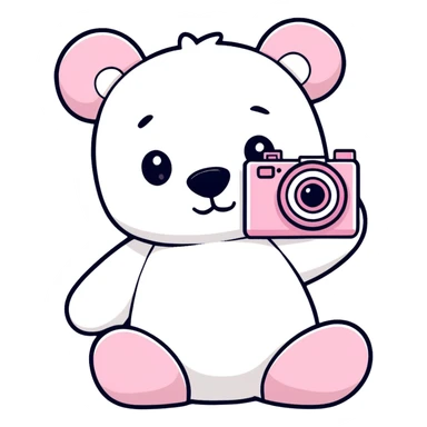 White Teddy bear with a pink camera sticker