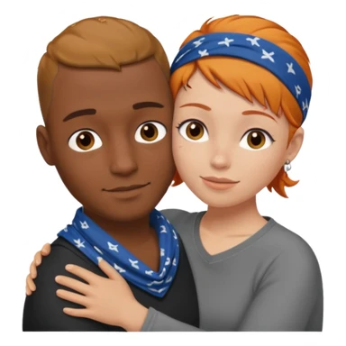 Two people hugging, brown guy with a buzzed cut and bandana, and a white woman with ginger hair sticker