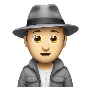 tim robinson wearing a grey fedora with a grey flap on the back white shirt only looking scared and sad 3 quarter angle, hat has a flap of fabric on the back sticker