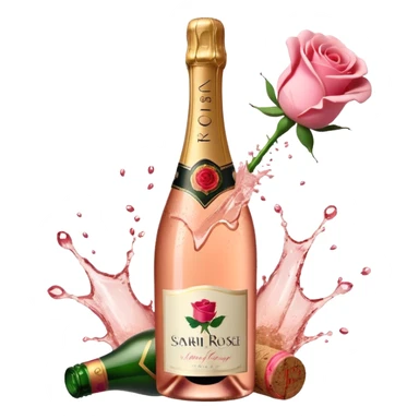 bottle of sparkling rosé champagne with a rose logo on the label, with the cork exploding out from the top, tilted up and to the left, no glass sticker